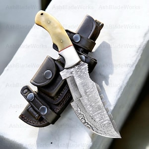 Custom Damascus Steel Hunting Knife | Tracker Blade with Leather Sheath | Bushcraft Survival Tool | Outdoor Camping Tool | Gift for Him