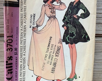 Vintage 70's McCall's 3701 Misses' Dress, Size 10 Bust 32.5