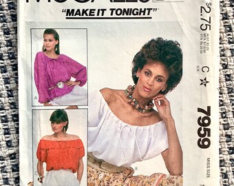 Vintage 80's McCall's "Make It Tonight" 7959 Women's Top, Size 14 16 Bust 36 38