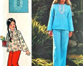 vintage 70's Butterick 4190 Girls' top, pants and embroidery transfer, UNCUT, size 14 breast 32