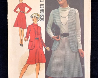 Vintage 70's Simplicity 6555 Women's Vest and Dress, Size 16 Bust 38