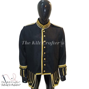 May include: A black military-style jacket with gold trim and buttons. The jacket has a high collar and a double-breasted closure. The jacket is tailored and has a slim fit.
