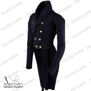 May include: A navy blue tailcoat with gold buttons. The double-breasted jacket has a high collar and long sleeves. The Kilt Crafter logo is visible in the corner.