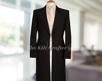 Men’s Black Wool Frock Coat Jacket – Handmade Tailcoat for Wedding, Gothic, Steampunk & Victorian Costume