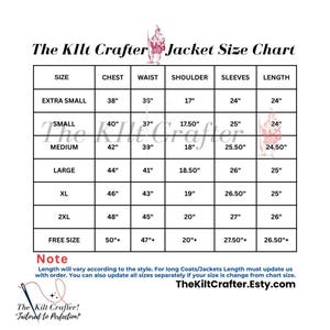 May include: A jacket size chart from The Kilt Crafter, with measurements in inches for chest, waist, shoulder, sleeves, and length. Sizes range from extra small to free size. Includes the Etsy shop URL.