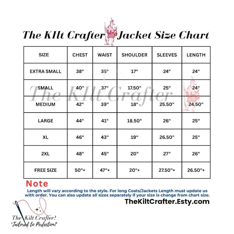 May include: A jacket size chart from The Kilt Crafter, with measurements in inches for chest, waist, shoulder, sleeves, and length. Sizes range from extra small to free size. Includes the Etsy shop URL.