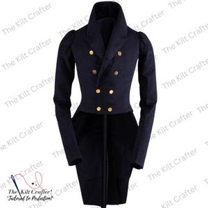 May include: A navy blue tailcoat with gold-colored buttons. The double-breasted jacket has a high collar and long sleeves. The text "The Kilt Crafter! Tailored to Perfection!" is visible in the lower left corner.