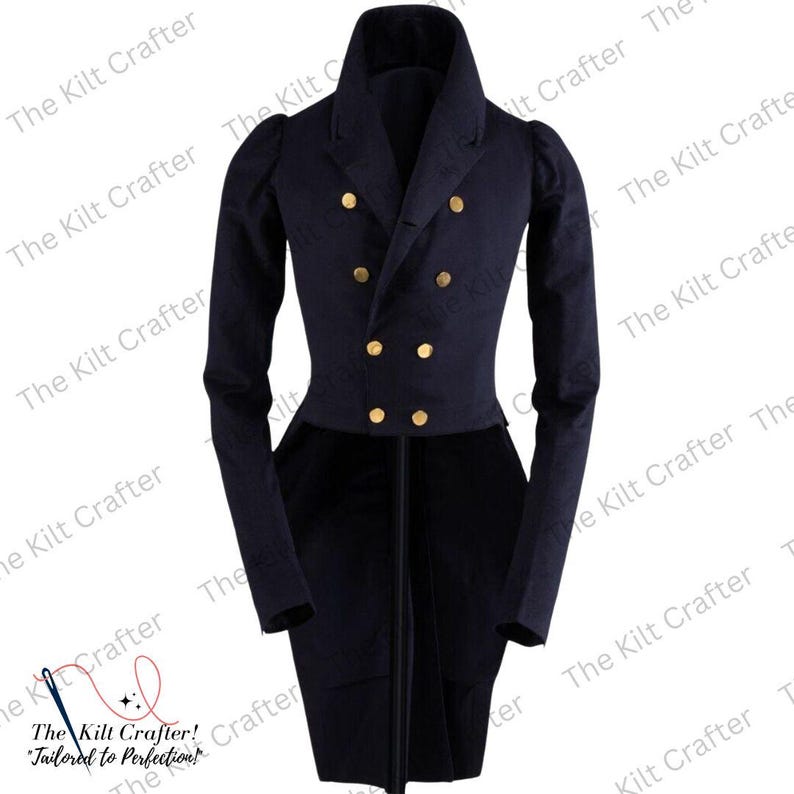 May include: A navy blue tailcoat with gold-colored buttons. The double-breasted jacket has a high collar and long sleeves. The text "The Kilt Crafter! Tailored to Perfection!" is visible in the lower left corner.