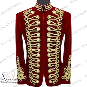 Men&#39;s Red Velvet Hussar Jacket: Gold Braid Military Parade Coat