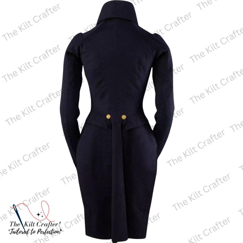 May include: A navy blue tailored coat with a high collar and long sleeves. The coat features gold-colored buttons and a unique back design. The Kilt Crafter logo is visible in the image.