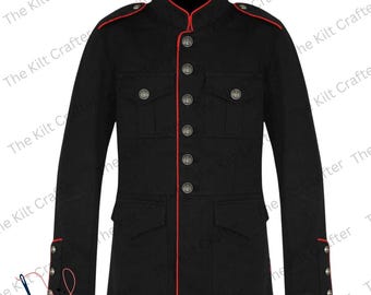 May include: Black jacket with red trim and silver buttons. The jacket has a mandarin collar, four front pockets, and buttoned cuffs. The Kilt Crafter logo is visible in the bottom left corner.