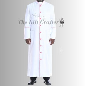 Men&#39;s White Clergy Robe: Red Trim Cassock Style Minister Coat