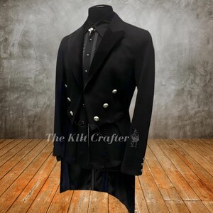 Victorian tailcoat in black denim with velvet lapels, men’s formal gothic steampunk jacket front view with ornate buttons