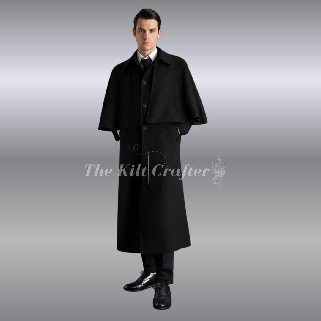 Men's Black Wool Ulster Cape Coat | Victorian Steampunk Gothic