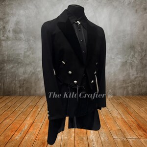 Men wearing Victorian black denim tailcoat, full length gothic steampunk formal wedding jacket with satin lining