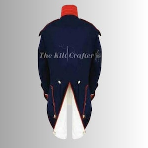 May include: Navy blue military-style jacket with red trim and a red collar. The jacket has white buttons and a split tail design. The text "The Kilt Crafter" is printed on the back of the jacket.
