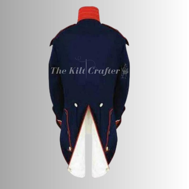 May include: Navy blue military-style jacket with red trim and a red collar. The jacket has white buttons and a split tail design. The text "The Kilt Crafter" is printed on the back of the jacket.