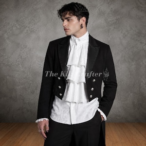 Black Denim Victorian Tailcoat, Gothic Velvet Lapel Steampunk Jacket