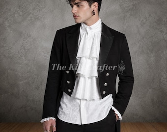 Black Denim Victorian Tailcoat, Gothic Velvet Lapel Steampunk Jacket