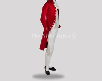 Men's Red Wool Regency Tailcoat Outfit: Historical Costume