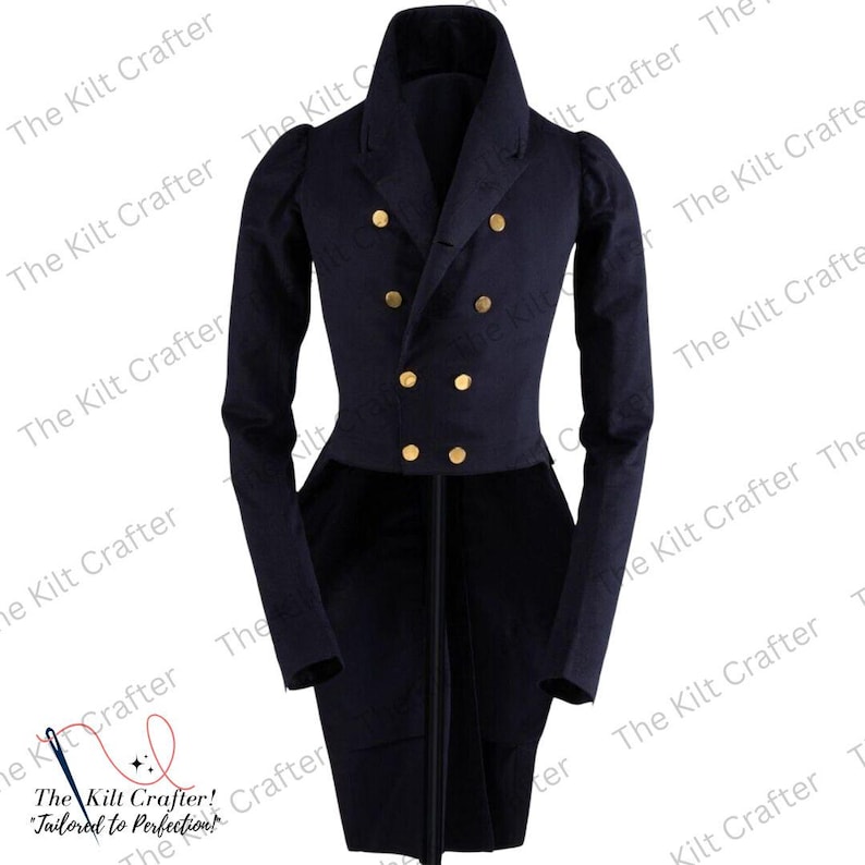 May include: A navy blue tailcoat with gold-colored buttons. The double-breasted jacket has a high collar and long sleeves. The text "The Kilt Crafter! Tailored to Perfection!" is visible in the lower left corner.