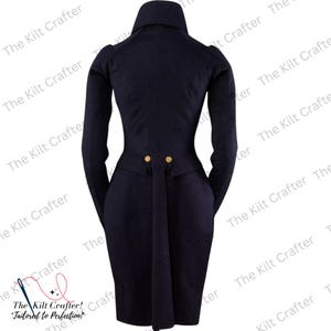 May include: A navy blue tailored coat with a high collar and long sleeves. The coat features gold-colored buttons and a fitted waist. The Kilt Crafter logo is visible in the image.