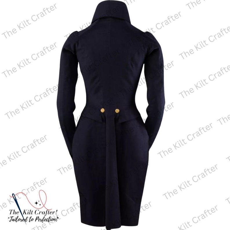 May include: A navy blue tailored coat with a high collar and long sleeves. The coat features gold-colored buttons and a fitted waist. The Kilt Crafter logo is visible in the image.