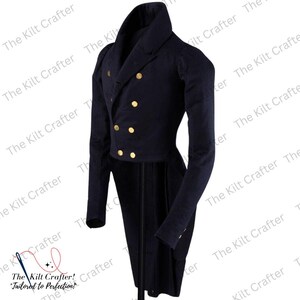 May include: A navy blue tailcoat with gold buttons. The double-breasted jacket has a high collar and long sleeves. The Kilt Crafter logo is visible in the corner. The coat is tailored to perfection.