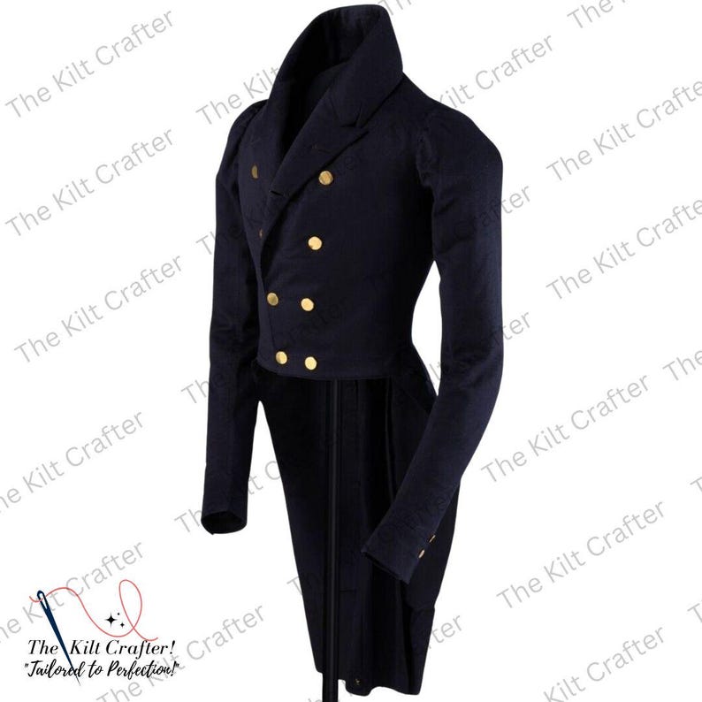 May include: A navy blue tailcoat with gold buttons. The double-breasted jacket has a high collar and long sleeves. The Kilt Crafter logo is visible in the corner. The coat is tailored to perfection.
