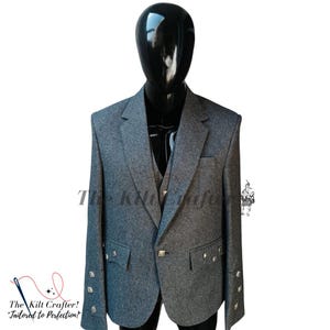 Gris anthracite fait main écossais | Veste Argyll en laine | Veste kilt de mariage pour homme | Veste en kilt à losanges avec gilet 5 boutons Veste en kilt à losanges