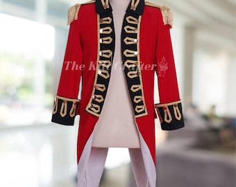 May include: A red military-style jacket with black trim and gold accents, displayed on a mannequin. The jacket features gold epaulets, decorative buttons, and cuffs. The text "The Kit Crafter" is visible on the jacket.