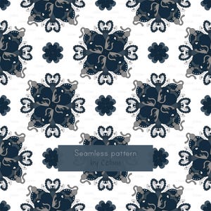 Peut inclure: Un motif sans couture avec un design répétitif de motifs floraux bleu foncé et gris sur fond blanc. Le motif comprend des formes de fleurs stylisées et des éléments décoratifs. Le texte "Seamless pattern by celinn" est affiché sur une bannière bleu foncé.