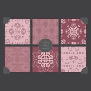 Peut inclure: Six motifs sans couture différents en rose et rouge avec des motifs floraux et des cœurs. Les motifs sont disposés en grille.