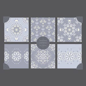 Peut inclure: Ensemble de six motifs sans couture présentant des motifs de mandalas complexes dans des tons de gris, de blanc et de jaune. Les motifs sont disposés en grille avec le texte "Motifs sans couture par Celtim" au centre.