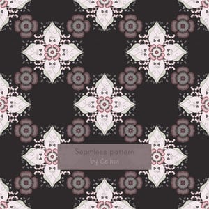 Peut inclure: Motif de motif sans couture avec des motifs floraux et félins répétés dans des tons de gris, de rose et de blanc sur un fond sombre. Le texte "Seamless pattern by Celinn" est affiché sur une bannière rectangulaire.