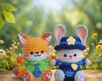 May include: Two crocheted stuffed animals: an orange fox wearing a green shirt and a blue tie, and a gray bunny wearing a blue police hat and uniform. The toys are sitting on a wooden surface with a blurred green background.