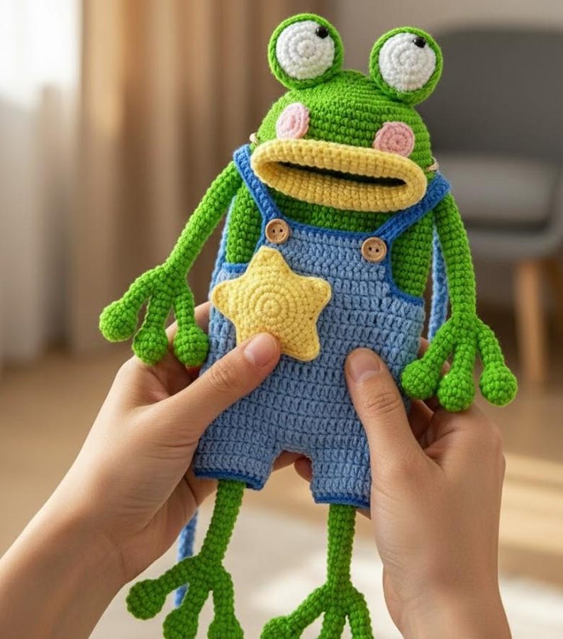 May include: A handmade green crochet frog doll with large white and green eyes, pink cheeks, and a yellow mouth. The frog wears blue overalls with a yellow star and wooden buttons. The doll is held by two hands.