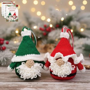 May include: Two crocheted Christmas gnome ornaments, one green and one red, with white beards and hats. The ornaments have a loop for hanging and are displayed with a blurred background of lights and greenery. The text on the card reads "CROCHET SANTA GNOME POUCHES."
