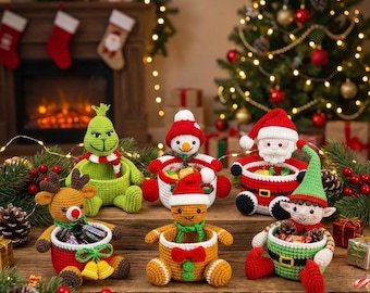 6-in-1 Crochet Christmas Basket Pattern: Santa, Snowman, Elf, Grinch, Reindeer, Gingerbread Candy Bowls, Amigurumi Holiday Decor PDF