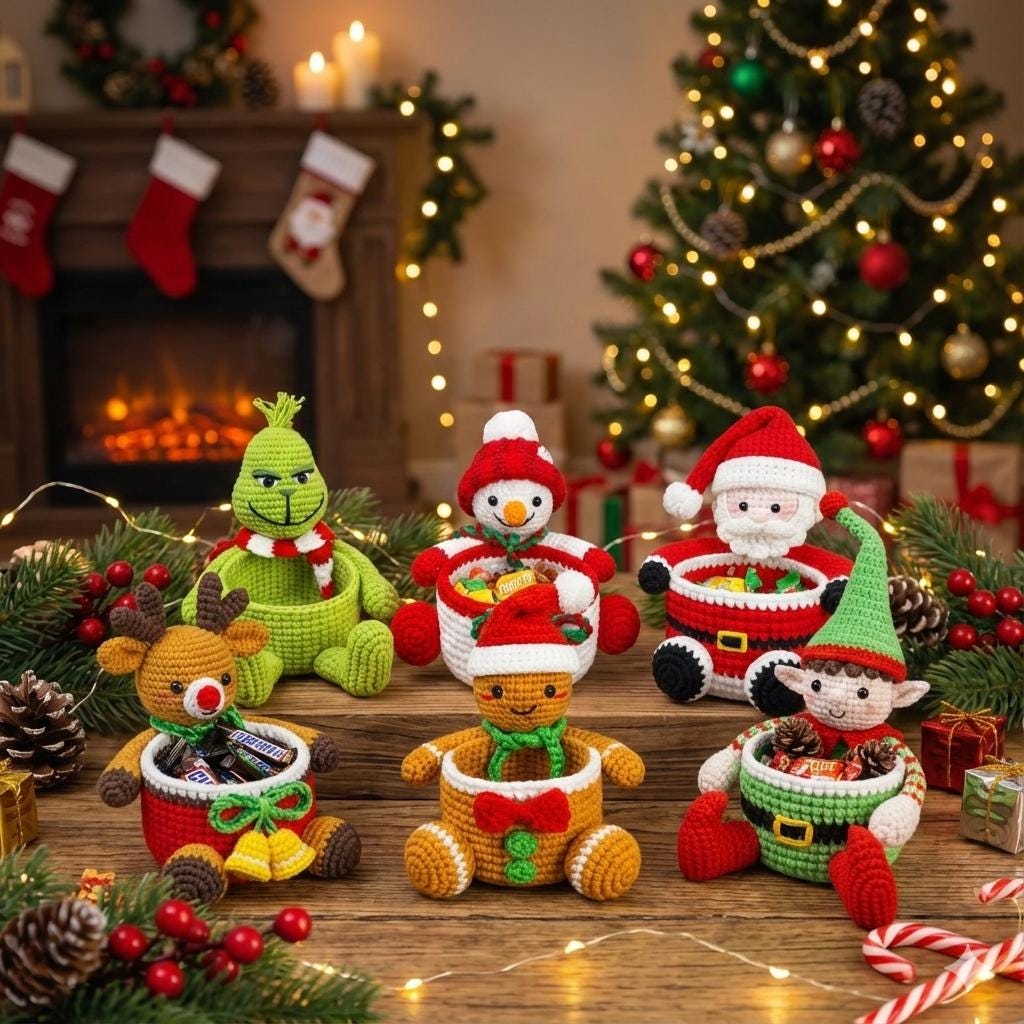 6-in-1 Crochet Christmas Basket Pattern: Santa, Snowman, Elf
