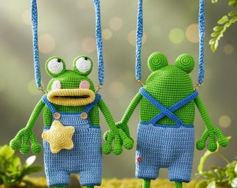 Padrão de bolsa de crochê em forma de sapo – Amigurumi em PDF com macacão azul