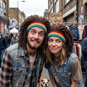 May include: A couple wearing brown dreadlock wigs with rainbow-striped headbands. They are smiling in front of a street market with a sign that says "Curios & Wigs". The man is wearing a plaid shirt and denim jacket. The woman is wearing a denim vest.
