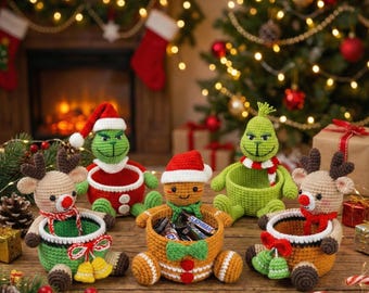 3-in-1 Crochet Christmas Basket Pattern Set: Grinch, Reindeer, Gingerbread Man Candy Bowls, Amigurumi Holiday Decor