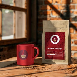 Könnte beinhalten: Eine rote Keramiktasse mit einem Kaffeetassen-Symbol und ein brauner Papiertüte mit Kaffeebohnen. Die Tüte hat ein Etikett mit der Aufschrift "House Blend Medium Sumatra".