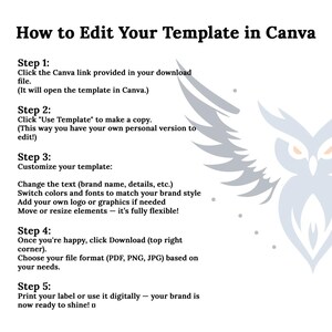 Może przedstawiać: Biała grafika z tekstem "How to Edit Your Template in Canva". Instrukcje wyjaśniają, jak otworzyć, skopiować, dostosować i pobrać szablon. Stylizowana grafika sowy znajduje się w tle.