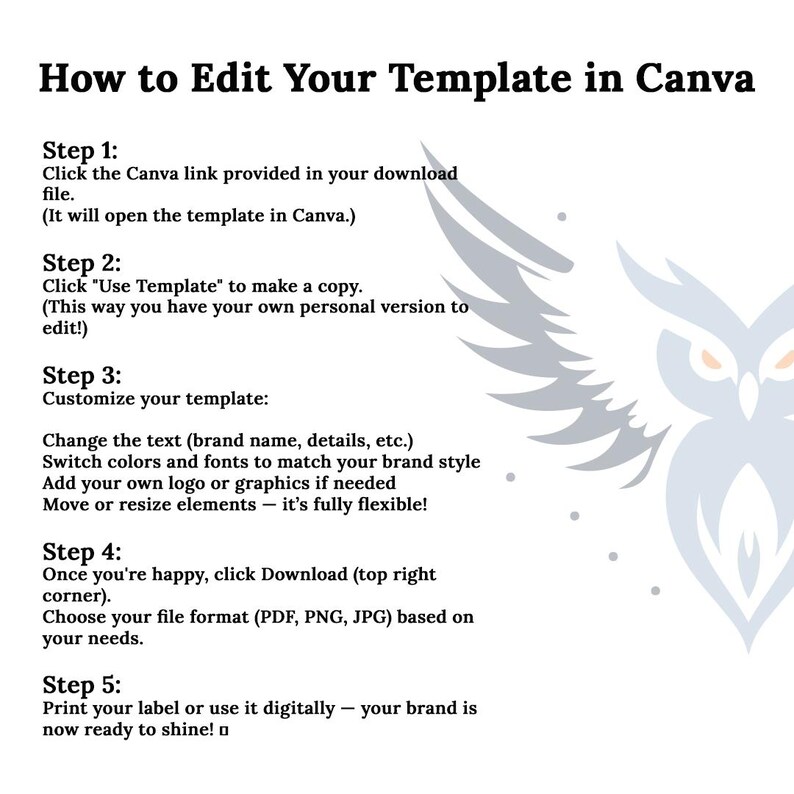 Może przedstawiać: Biała grafika z tekstem "How to Edit Your Template in Canva". Instrukcje wyjaśniają, jak otworzyć, skopiować, dostosować i pobrać szablon. Stylizowana grafika sowy znajduje się w tle.