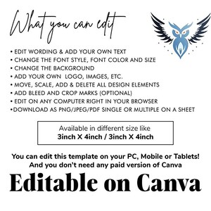 Może przedstawiać: Białe tło z tekstem: &bdquo;What you can edit&rdquo; i &bdquo;Editable on Canva&rdquo;. Zawiera niebieską grafikę sowy. Tekst zawiera szczeg&oacute;ły dotyczące opcji edycji, opcji rozmiaru 7,62 cm x 10,16 cm i kompatybilności urządzeń.