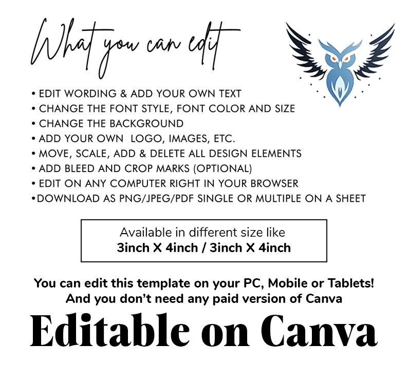 Może przedstawiać: Białe tło z tekstem: &bdquo;What you can edit&rdquo; i &bdquo;Editable on Canva&rdquo;. Zawiera niebieską grafikę sowy. Tekst zawiera szczeg&oacute;ły dotyczące opcji edycji, opcji rozmiaru 7,62 cm x 10,16 cm i kompatybilności urządzeń.