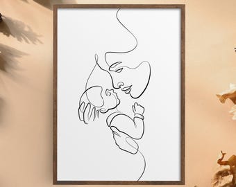 Grafika liniowa „Matka i dziecko”, minimalistyczny portret (do pobrania w wersji cyfrowej)