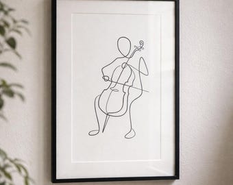 Minimalistyczny wiolonczelista do tatuażu, wydruki cyfrowe, wiolonczelista, rysunek muzyka, grafika jednoliniowa, abstrakcyjna ilustracja muzyczna